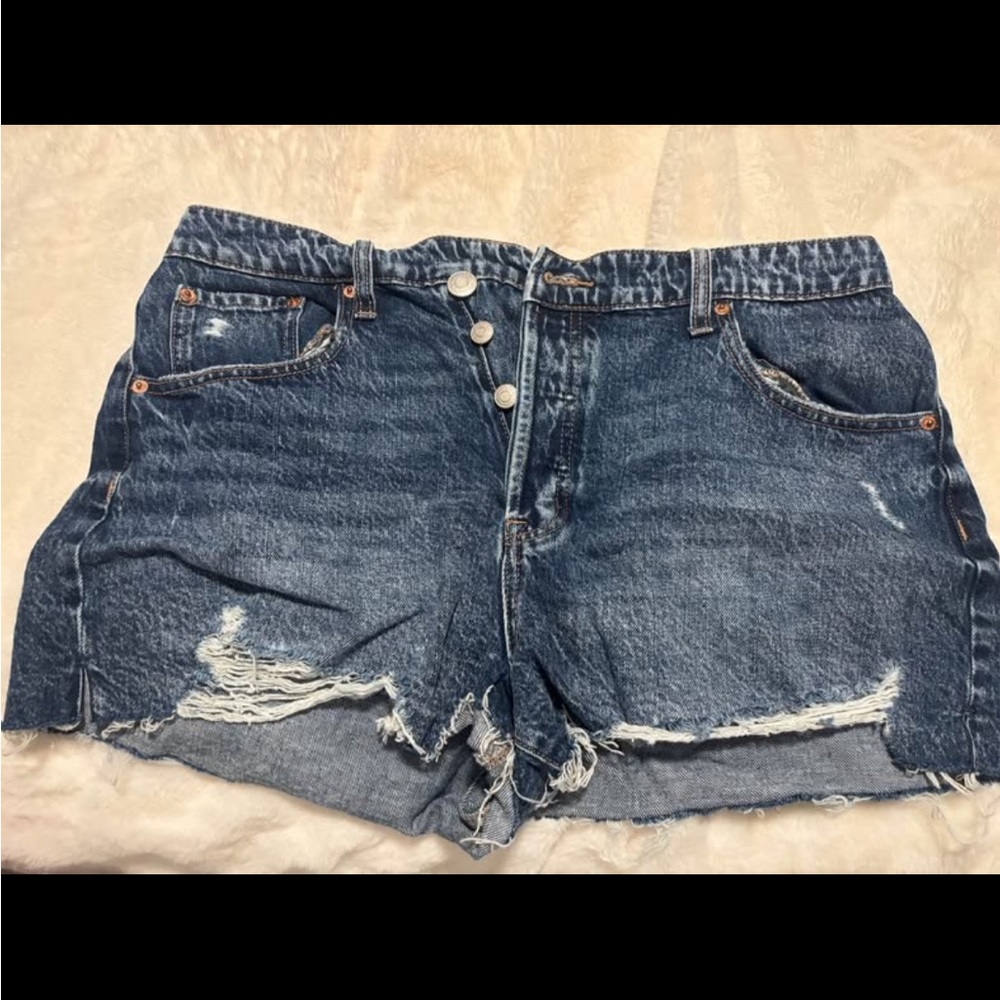 Distressed High-Waist Denim Shorts - Blue